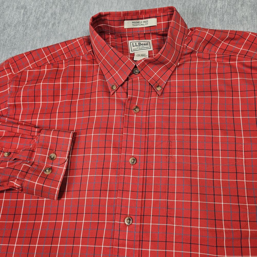 L.L.Bean Shirt Mens XL Kennebunk Red Plaid Wrinkle Free Button Down Long Sleeve